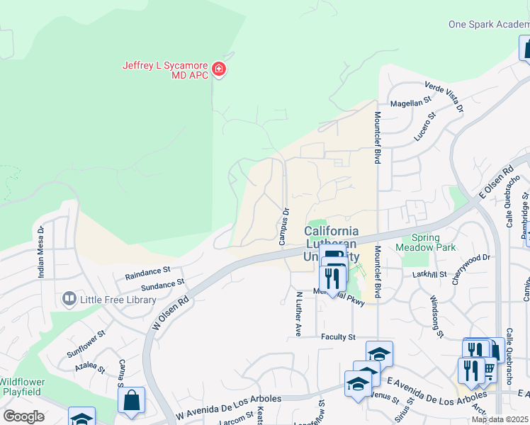 map of restaurants, bars, coffee shops, grocery stores, and more near 3415 Campus Drive in Thousand Oaks