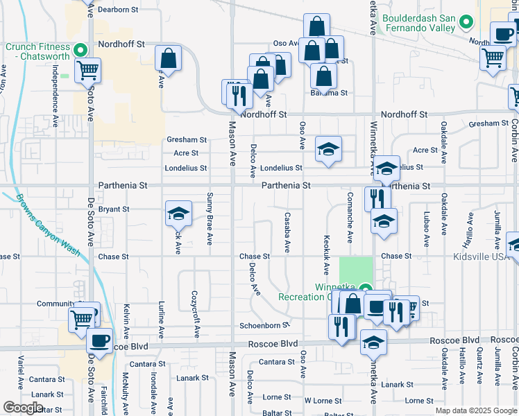 map of restaurants, bars, coffee shops, grocery stores, and more near 8620 Delco Avenue in Los Angeles
