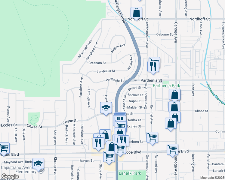 map of restaurants, bars, coffee shops, grocery stores, and more near 22017 Bryant Street in Los Angeles