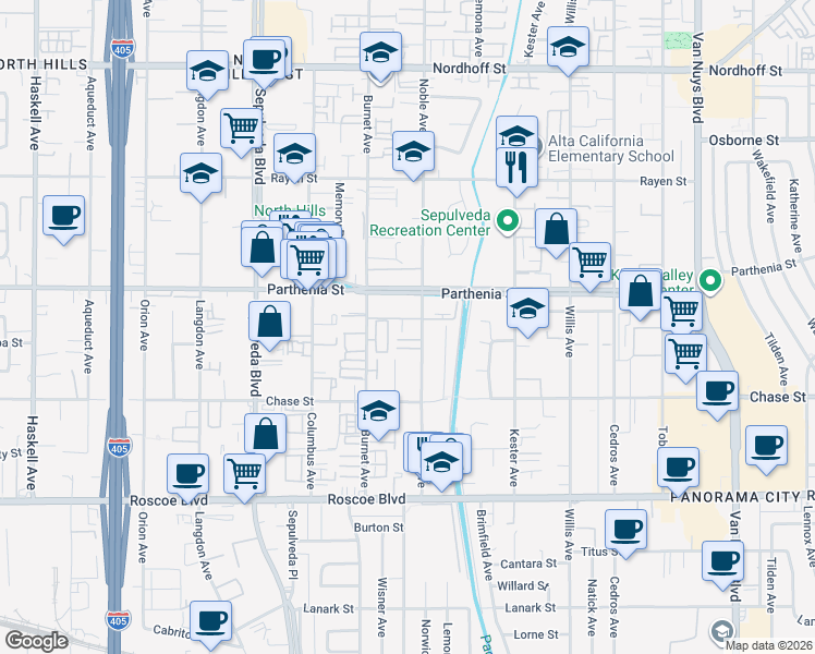 map of restaurants, bars, coffee shops, grocery stores, and more near 8621 Noble Avenue in Los Angeles