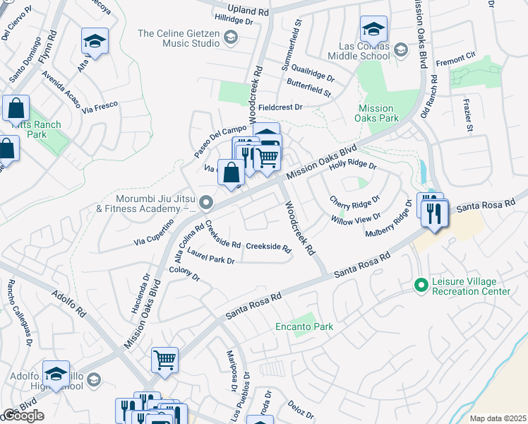 map of restaurants, bars, coffee shops, grocery stores, and more near 5296 San Francesca Drive in Camarillo