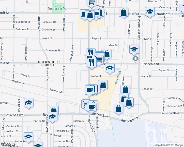 map of restaurants, bars, coffee shops, grocery stores, and more near 16915 Napa Street in Los Angeles