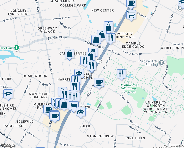 map of restaurants, bars, coffee shops, grocery stores, and more near 601 South College Road in Wilmington