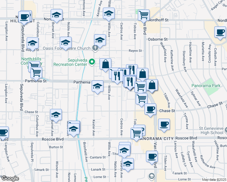 map of restaurants, bars, coffee shops, grocery stores, and more near 8630 Willis Avenue in Los Angeles