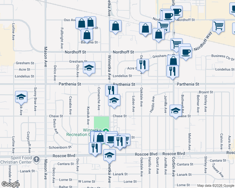 map of restaurants, bars, coffee shops, grocery stores, and more near 20054 Lila Place in Los Angeles