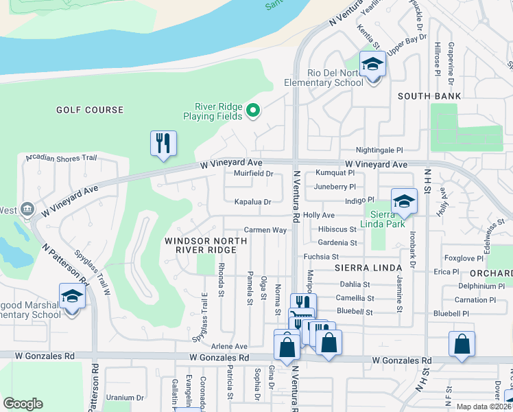 map of restaurants, bars, coffee shops, grocery stores, and more near 1800 Kapalua Drive in Oxnard