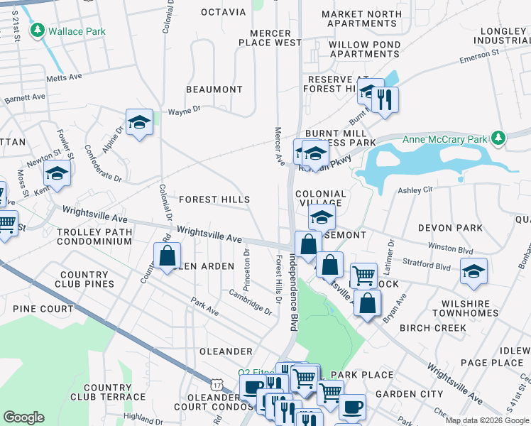 map of restaurants, bars, coffee shops, grocery stores, and more near 807 Forest Hills Drive in Wilmington