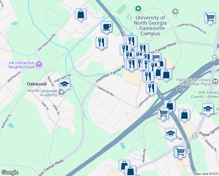 map of restaurants, bars, coffee shops, grocery stores, and more near 4405 Oakwood Road in Oakwood