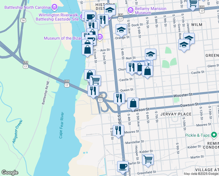 map of restaurants, bars, coffee shops, grocery stores, and more near 617 South 2nd Street in Wilmington