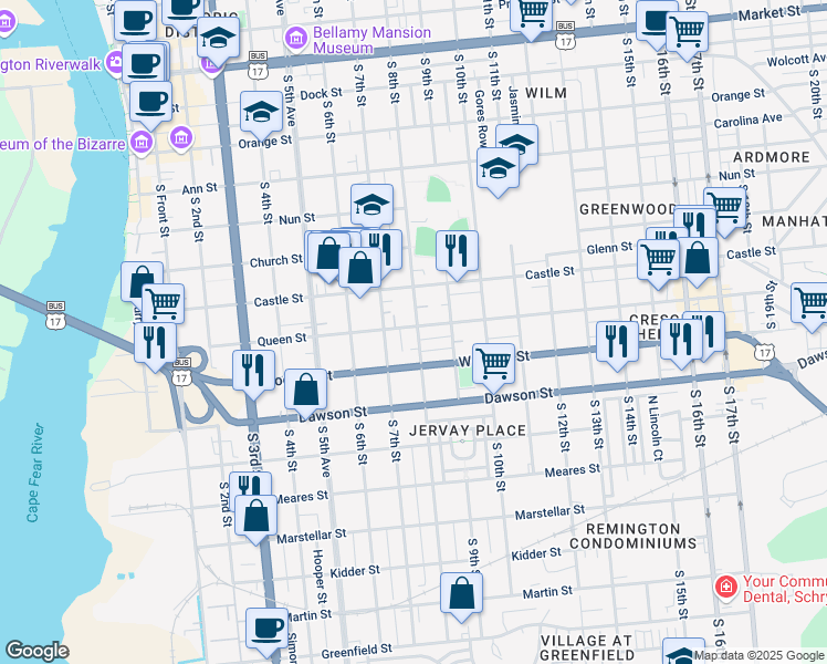 map of restaurants, bars, coffee shops, grocery stores, and more near 720 Queen Street in Wilmington