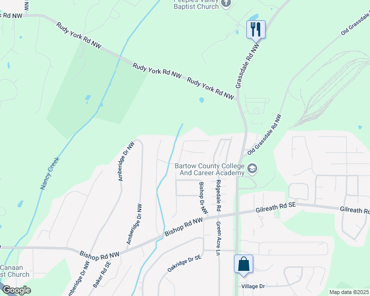 map of restaurants, bars, coffee shops, grocery stores, and more near 11 Fox Hill Drive in Cartersville