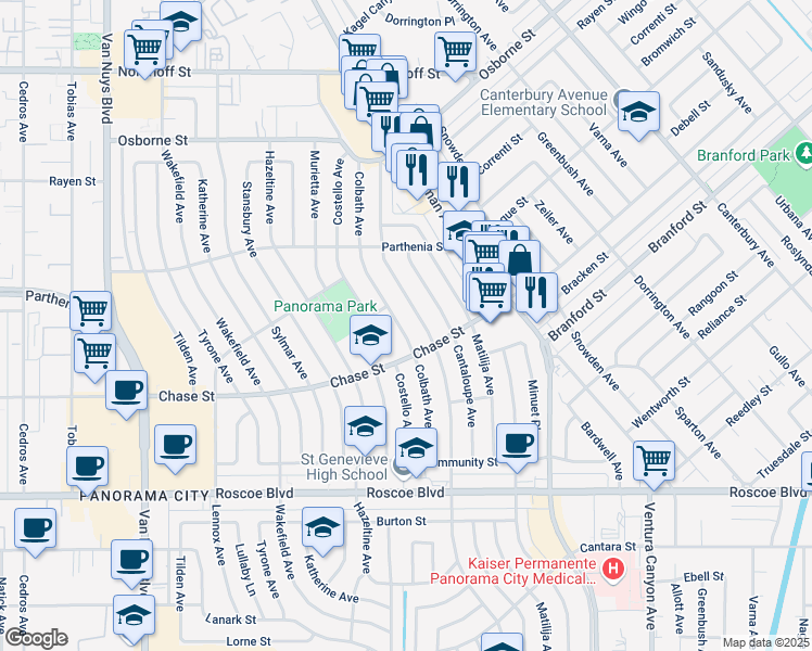 map of restaurants, bars, coffee shops, grocery stores, and more near 8618 Colbath Avenue in Los Angeles