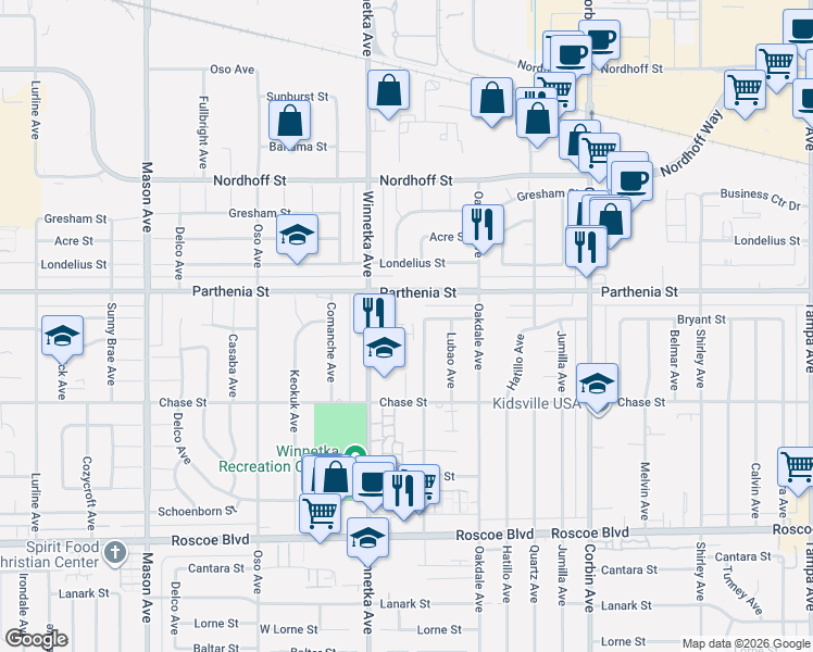 map of restaurants, bars, coffee shops, grocery stores, and more near 20017 Dampa Lane in Los Angeles
