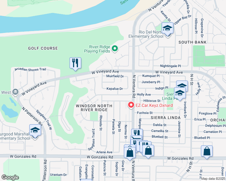 map of restaurants, bars, coffee shops, grocery stores, and more near 1800 Kapalua Drive in Oxnard