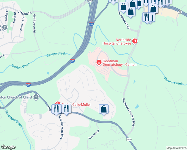 map of restaurants, bars, coffee shops, grocery stores, and more near 825 Overlook Trail in Canton