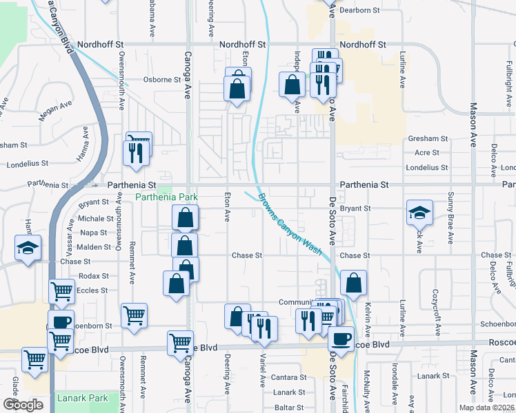 map of restaurants, bars, coffee shops, grocery stores, and more near 21103 Bryant Street in Los Angeles
