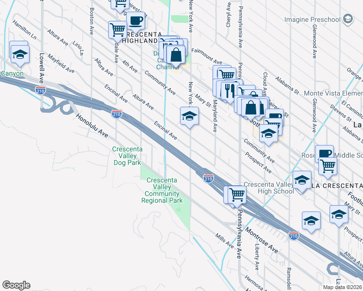 map of restaurants, bars, coffee shops, grocery stores, and more near 3418 Encinal Avenue in Glendale
