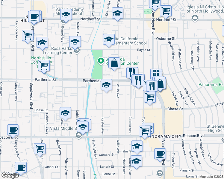 map of restaurants, bars, coffee shops, grocery stores, and more near 8631 Willis Avenue in Los Angeles