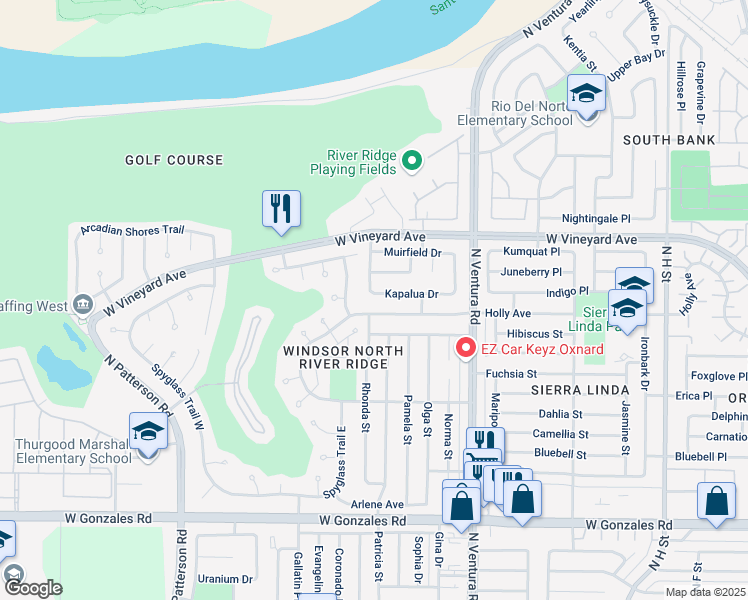 map of restaurants, bars, coffee shops, grocery stores, and more near 1930 Kapalua Drive in Oxnard