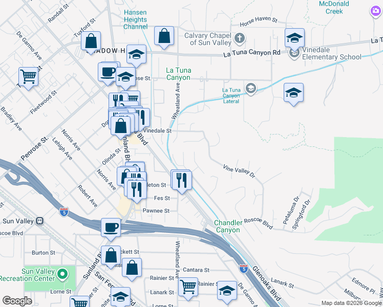 map of restaurants, bars, coffee shops, grocery stores, and more near 8629 Bluffdale Drive in Los Angeles