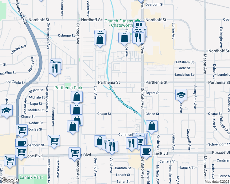 map of restaurants, bars, coffee shops, grocery stores, and more near 21059 Bryant Street in Los Angeles