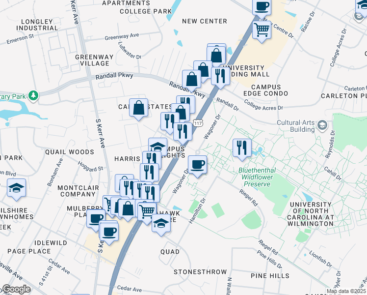 map of restaurants, bars, coffee shops, grocery stores, and more near 604 South College Road in Wilmington