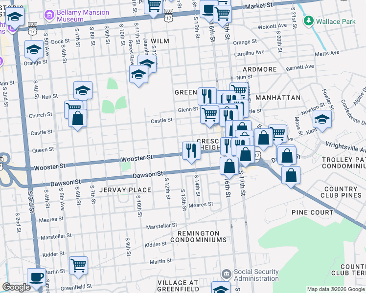 map of restaurants, bars, coffee shops, grocery stores, and more near 1309 Wooster St in Wilmington