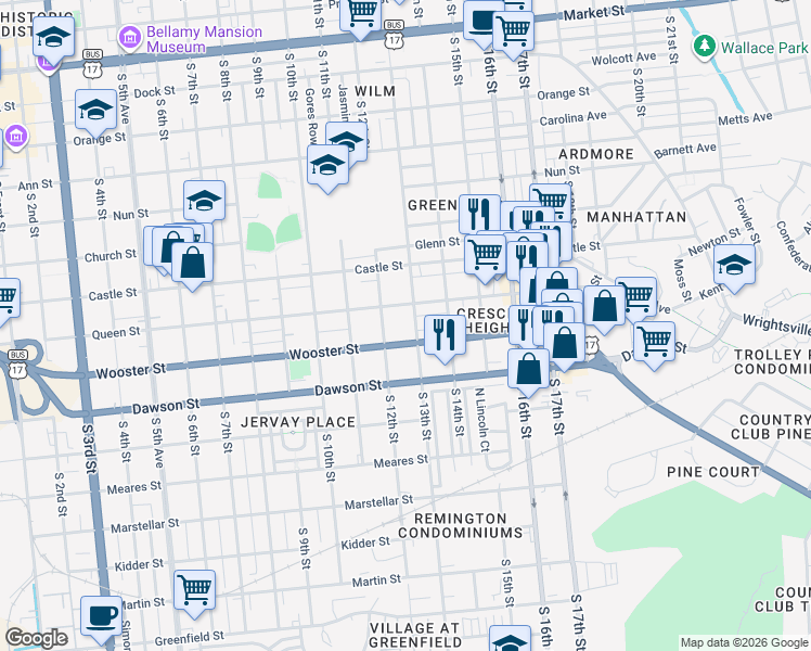 map of restaurants, bars, coffee shops, grocery stores, and more near 735 South 12th Street in Wilmington