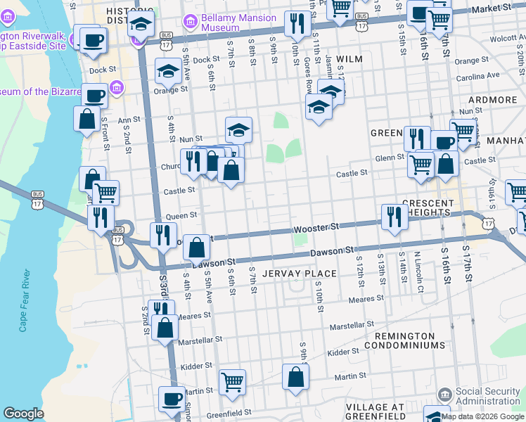 map of restaurants, bars, coffee shops, grocery stores, and more near 720 Queen Street in Wilmington