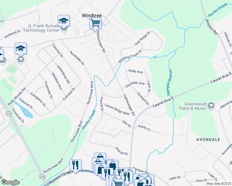 map of restaurants, bars, coffee shops, grocery stores, and more near 204 Rock Knoll Drive in Greenwood