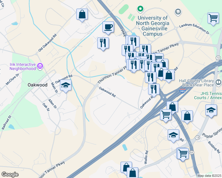 map of restaurants, bars, coffee shops, grocery stores, and more near 4405 Oakwood Road in Oakwood