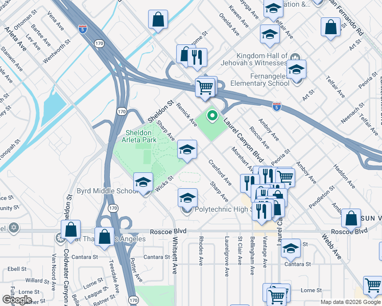 map of restaurants, bars, coffee shops, grocery stores, and more near 8660 Sharp Avenue in Los Angeles