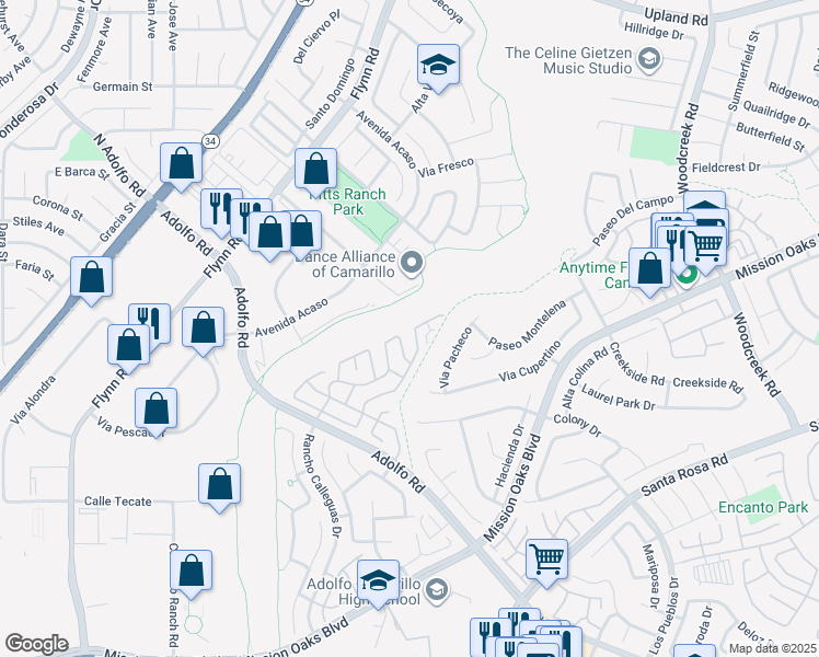 map of restaurants, bars, coffee shops, grocery stores, and more near 90 Caleta Drive in Camarillo