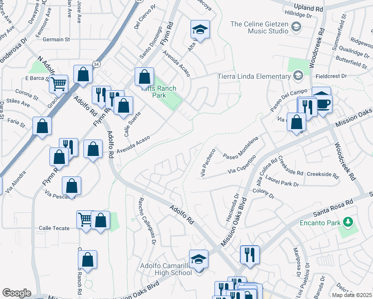 map of restaurants, bars, coffee shops, grocery stores, and more near 90 Caleta Drive in Camarillo