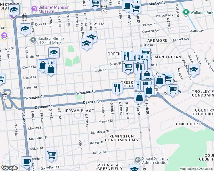 map of restaurants, bars, coffee shops, grocery stores, and more near 735 South 12th Street in Wilmington