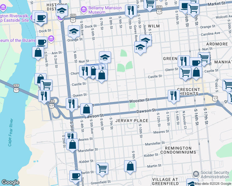 map of restaurants, bars, coffee shops, grocery stores, and more near 720 Queen Street in Wilmington