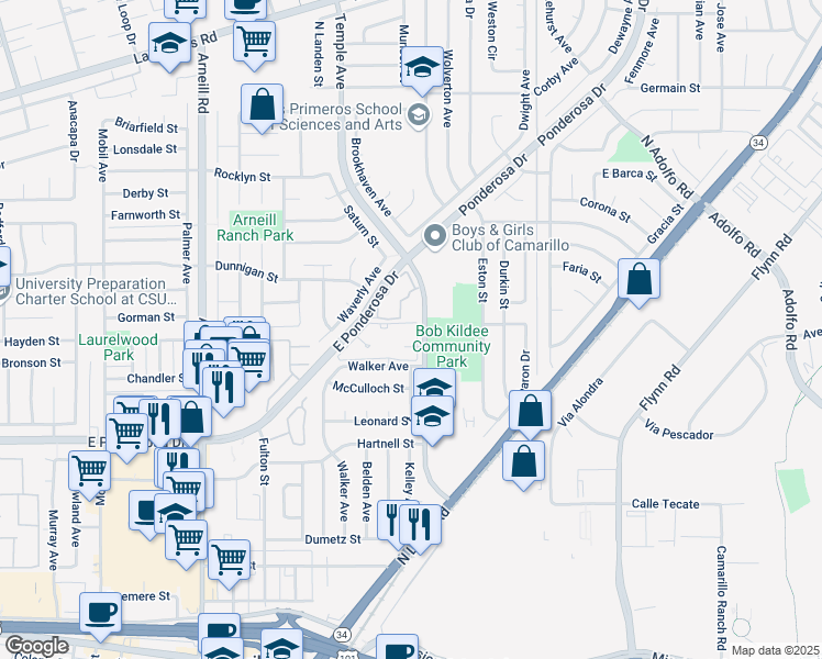map of restaurants, bars, coffee shops, grocery stores, and more near 2752 East Ponderosa Drive in Camarillo