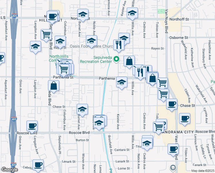 map of restaurants, bars, coffee shops, grocery stores, and more near 14942 Bryant Street in Los Angeles