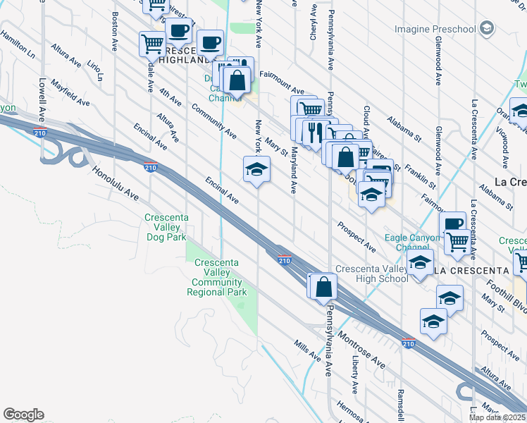 map of restaurants, bars, coffee shops, grocery stores, and more near 4236 New York Avenue in Glendale