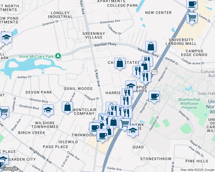 map of restaurants, bars, coffee shops, grocery stores, and more near 4601 Fillmore Drive in Wilmington