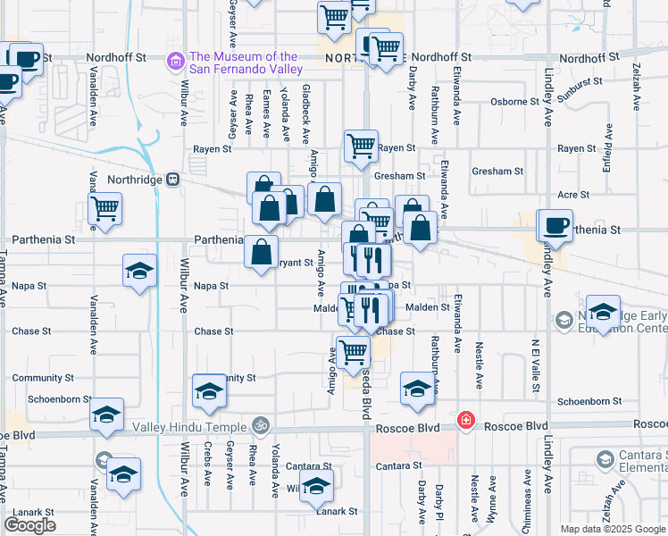 map of restaurants, bars, coffee shops, grocery stores, and more near 18540 Bryant Street in Los Angeles