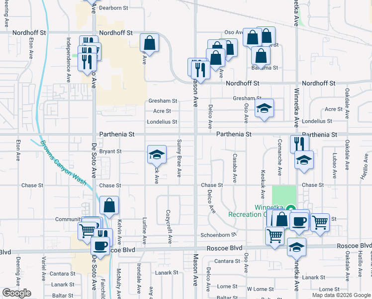 map of restaurants, bars, coffee shops, grocery stores, and more near 20527 Michale Street in Los Angeles