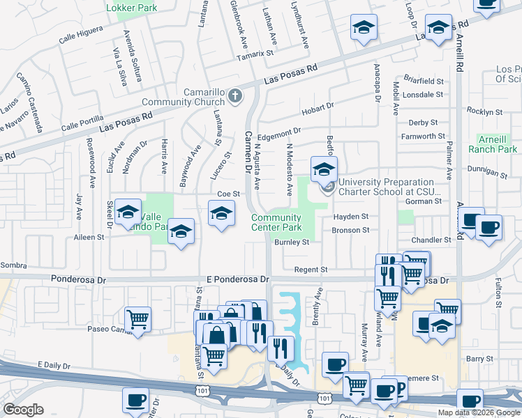 map of restaurants, bars, coffee shops, grocery stores, and more near 1014 North Agusta Avenue in Camarillo