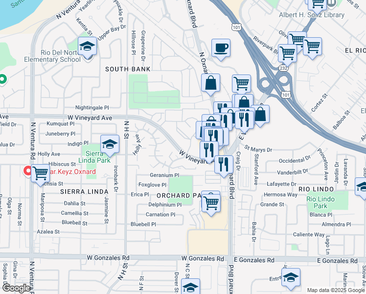 map of restaurants, bars, coffee shops, grocery stores, and more near 488 West Vineyard Avenue in Oxnard