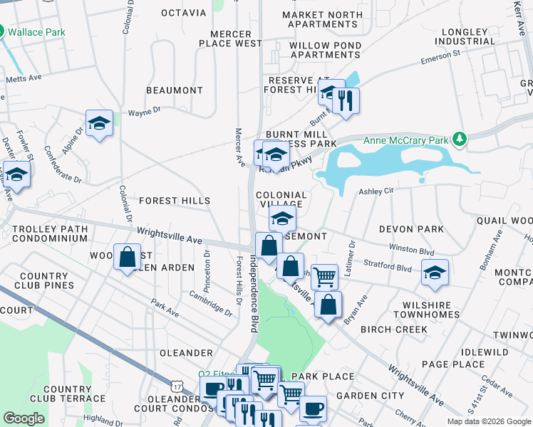 map of restaurants, bars, coffee shops, grocery stores, and more near 3123 Camden Circle in Wilmington