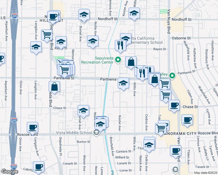 map of restaurants, bars, coffee shops, grocery stores, and more near 14942 Bryant Street in Los Angeles