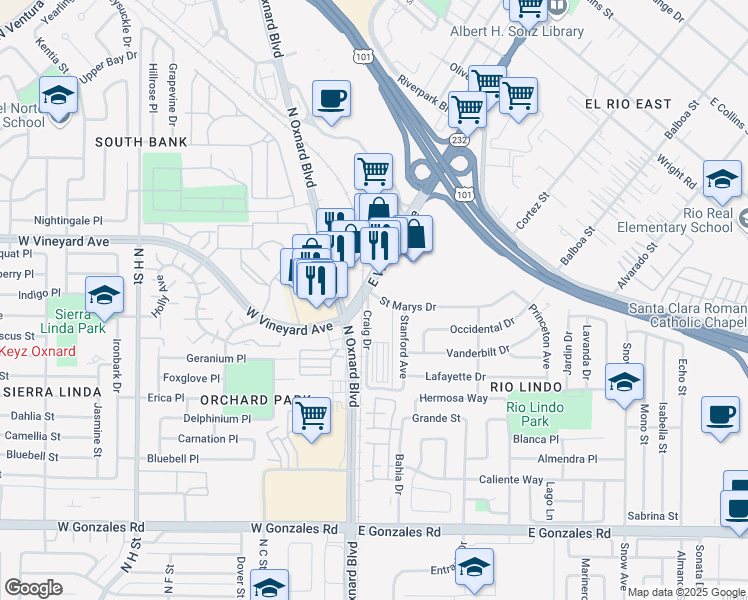 map of restaurants, bars, coffee shops, grocery stores, and more near 2252 Craig Drive in Oxnard