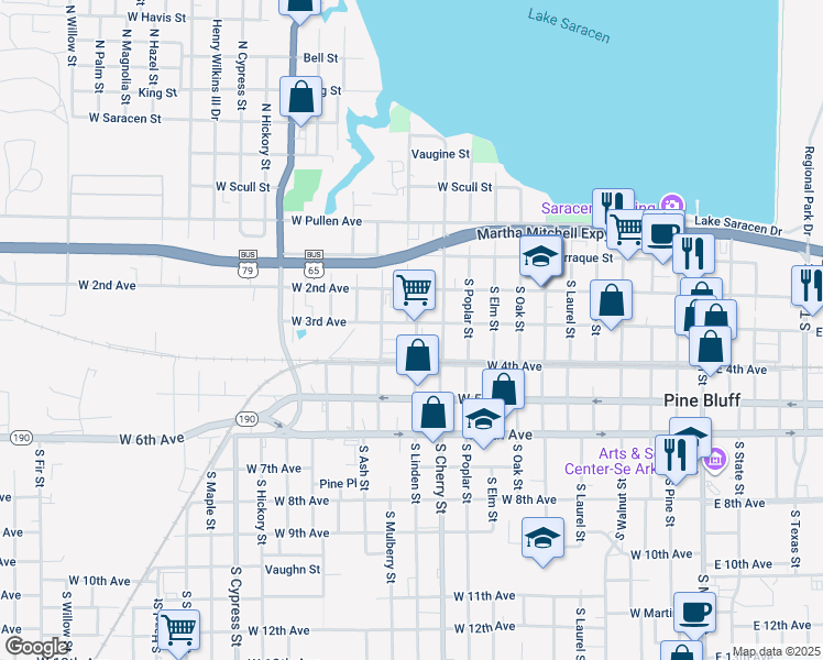 map of restaurants, bars, coffee shops, grocery stores, and more near 320 South Linden Street in Pine Bluff