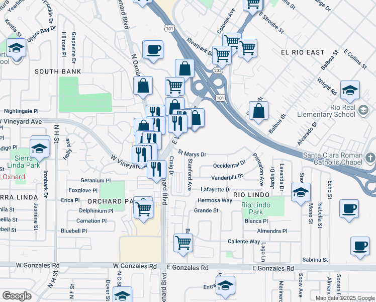 map of restaurants, bars, coffee shops, grocery stores, and more near 151 Saint Marys Drive in Oxnard
