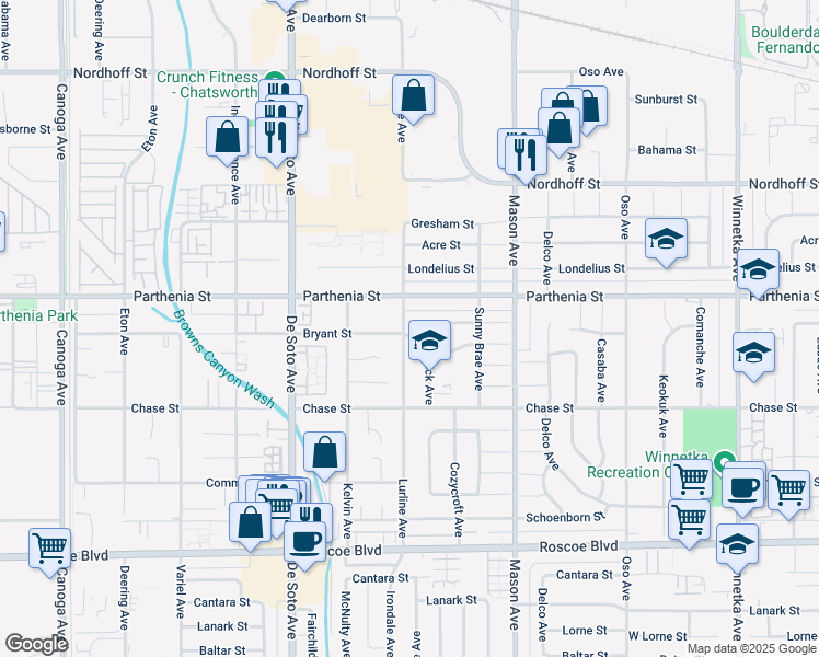 map of restaurants, bars, coffee shops, grocery stores, and more near 8600 Lurline Avenue in Los Angeles